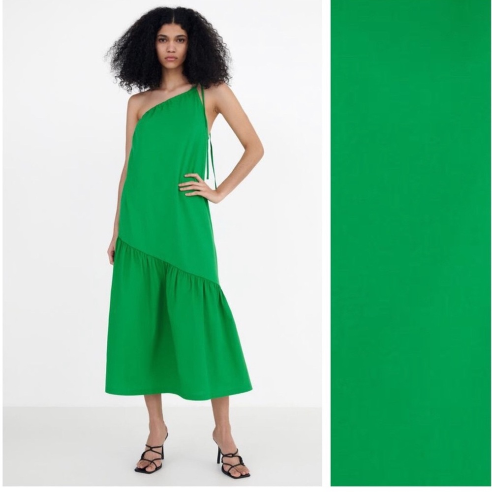 Zara Green Asymmetrical Tiered One-Shoulder Sundress